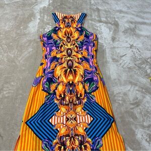 Gianni Bini Floral Geometric Abstract Orange Blue Halter Maxi Dress Size Small